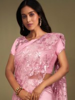 Elegant Pink Crepe Lycra Sequins Readymade Saree